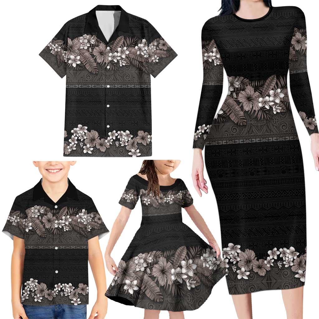 Hawaiian Tropical Flowers and Tribal Polynesian Tattoo Family Matching Long Sleeve Bodycon Dress and Hawaiian Shirt Grayscale Mode