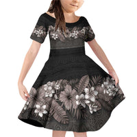 Hawaiian Tropical Flowers and Tribal Polynesian Tattoo Family Matching Off Shoulder Short Dress and Hawaiian Shirt Grayscale Mode