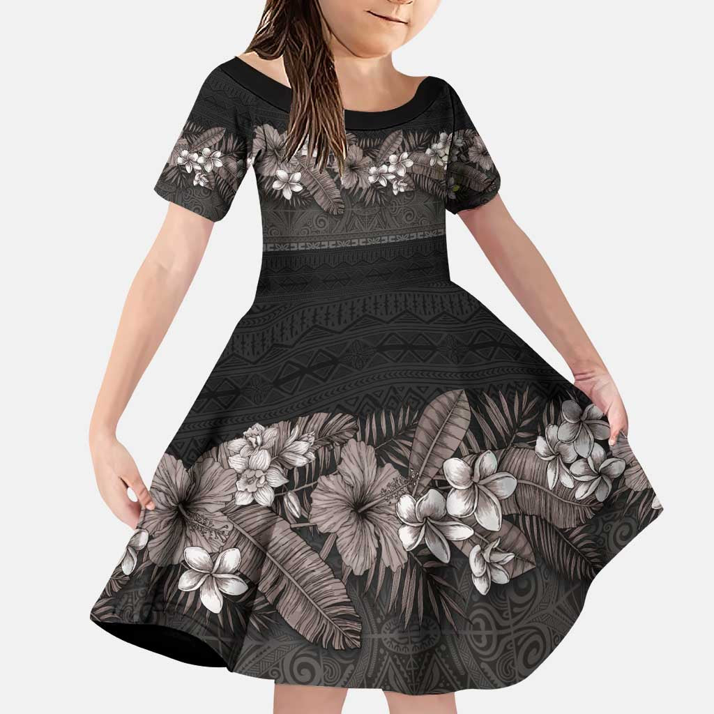 Hawaiian Tropical Flowers and Tribal Polynesian Tattoo Family Matching Puletasi and Hawaiian Shirt Grayscale Mode LT03 Daughter's Dress Black - Polynesian Pride