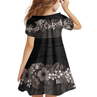 Hawaiian Tropical Flowers and Tribal Polynesian Tattoo Family Matching Short Sleeve Bodycon Dress and Hawaiian Shirt Grayscale Mode
