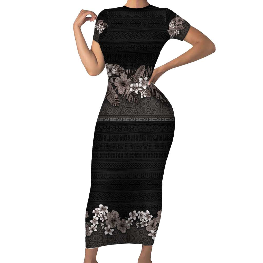 Hawaiian Tropical Flowers and Tribal Polynesian Tattoo Family Matching Short Sleeve Bodycon Dress and Hawaiian Shirt Grayscale Mode