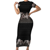 Hawaiian Tropical Flowers and Tribal Polynesian Tattoo Family Matching Short Sleeve Bodycon Dress and Hawaiian Shirt Grayscale Mode