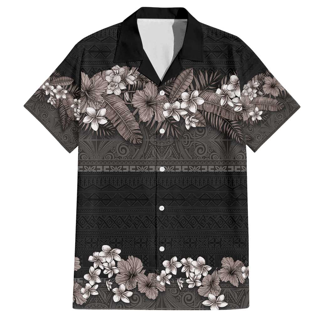 Hawaiian Tropical Flowers and Tribal Polynesian Tattoo Family Matching Summer Maxi Dress and Hawaiian Shirt Grayscale Mode LT03 Dad's Shirt - Short Sleeve Black - Polynesian Pride