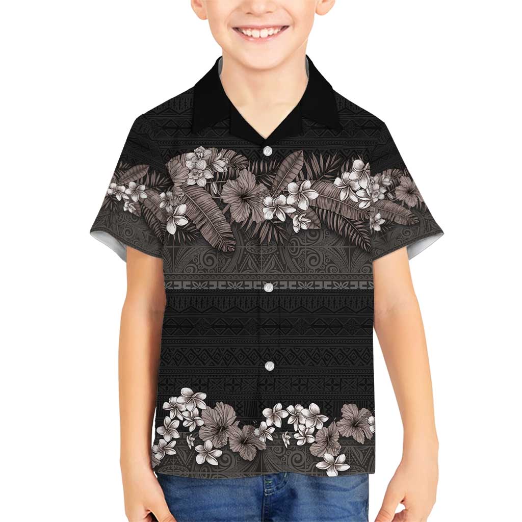 Hawaiian Tropical Flowers and Tribal Polynesian Tattoo Family Matching Summer Maxi Dress and Hawaiian Shirt Grayscale Mode LT03 Son's Shirt Black - Polynesian Pride