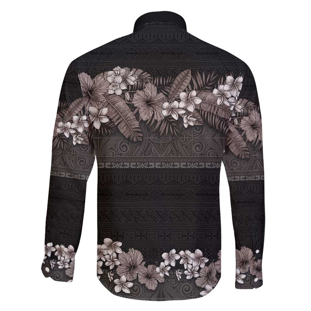 Hawaiian Tropical Flowers and Tribal Polynesian Tattoo Family Matching Tank Maxi Dress and Hawaiian Shirt Grayscale Mode