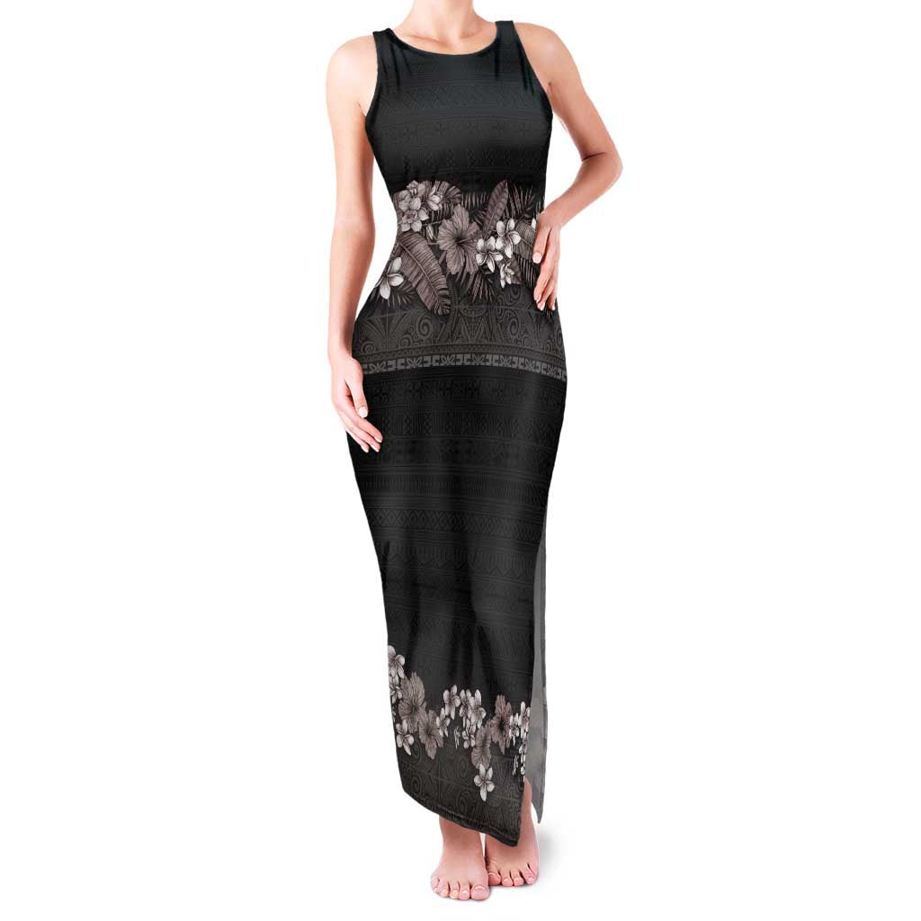 Hawaiian Tropical Flowers and Tribal Polynesian Tattoo Family Matching Tank Maxi Dress and Hawaiian Shirt Grayscale Mode