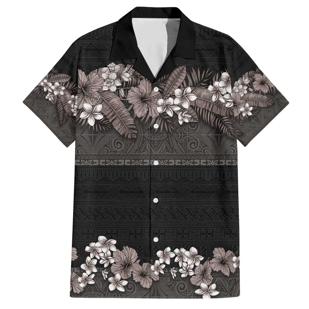 Hawaiian Tropical Flowers and Tribal Polynesian Tattoo Hawaiian Shirt Grayscale Mode LT03 Black - Polynesian Pride