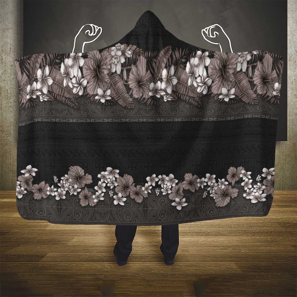 Hawaiian Tropical Flowers and Tribal Polynesian Tattoo Hooded Blanket Grayscale Mode LT03 - Polynesian Pride