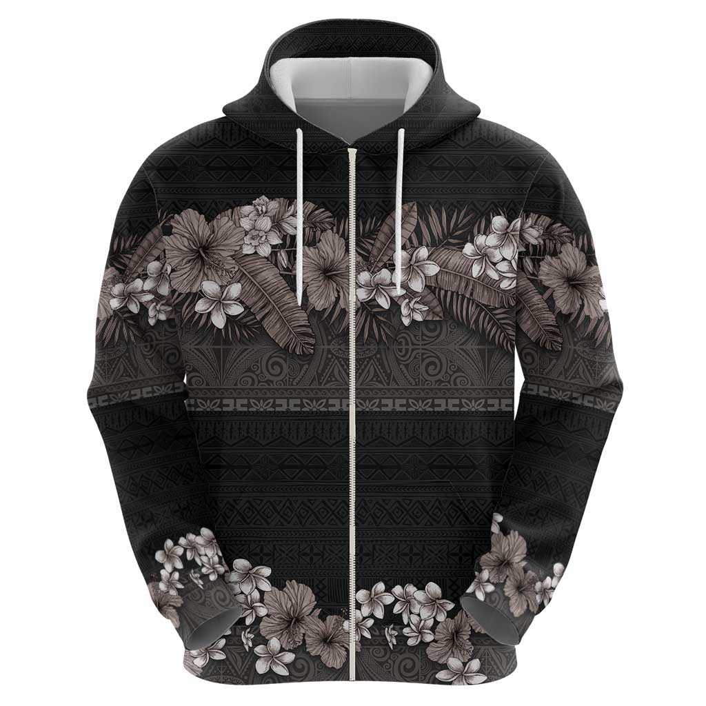 Hawaiian Tropical Flowers and Tribal Polynesian Tattoo Hoodie Grayscale Mode