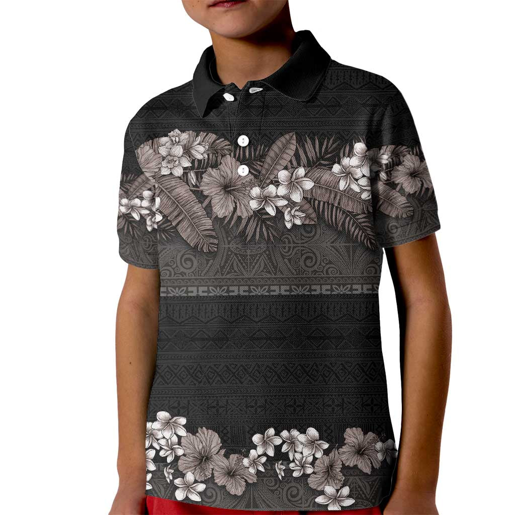 Hawaiian Tropical Flowers and Tribal Polynesian Tattoo Kid Polo Shirt Grayscale Mode