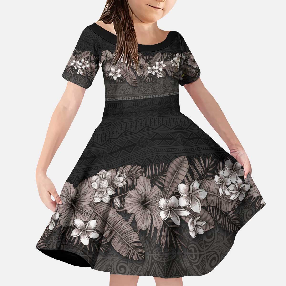 Hawaiian Tropical Flowers and Tribal Polynesian Tattoo Kid Short Sleeve Dress Grayscale Mode