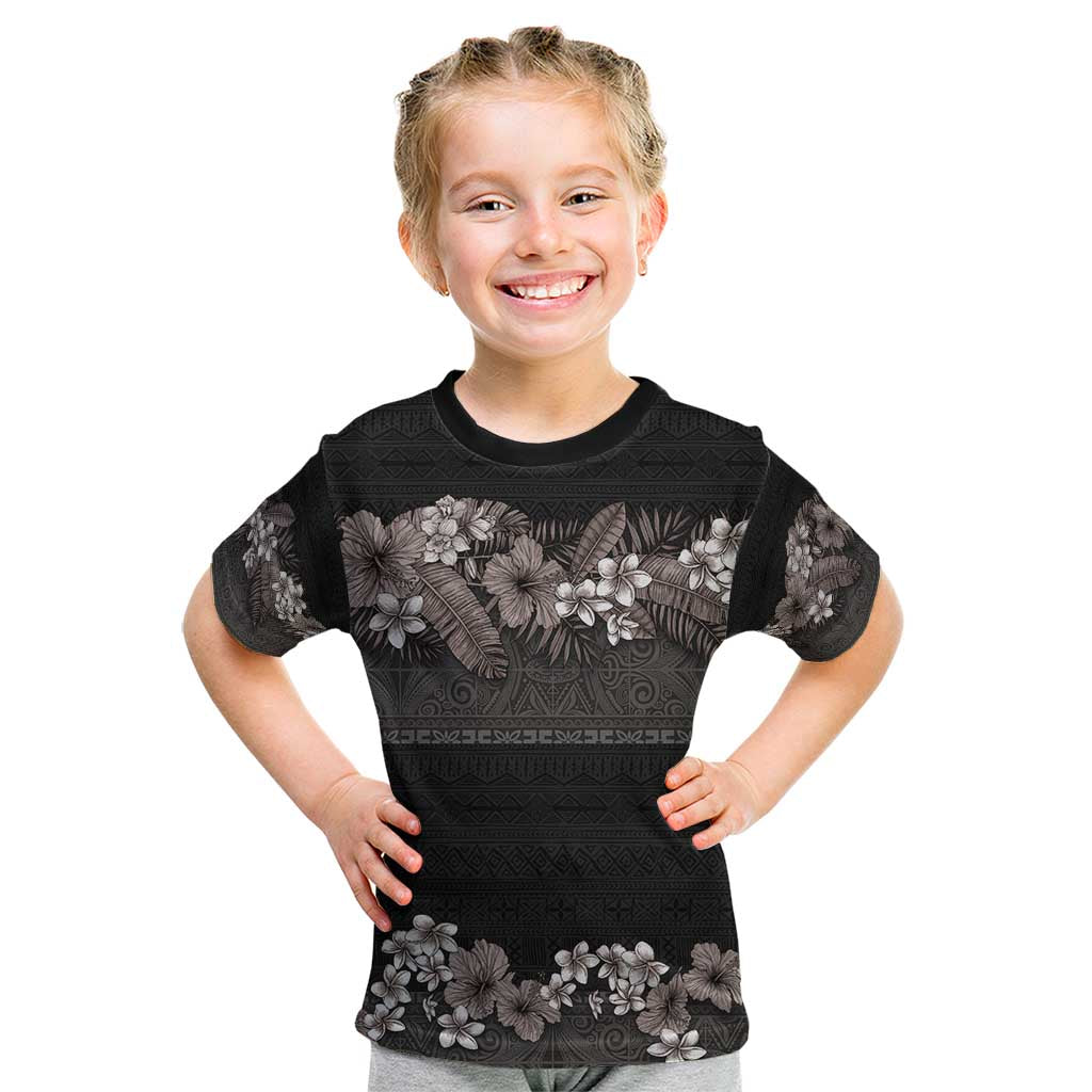 Hawaiian Tropical Flowers and Tribal Polynesian Tattoo Kid T Shirt Grayscale Mode