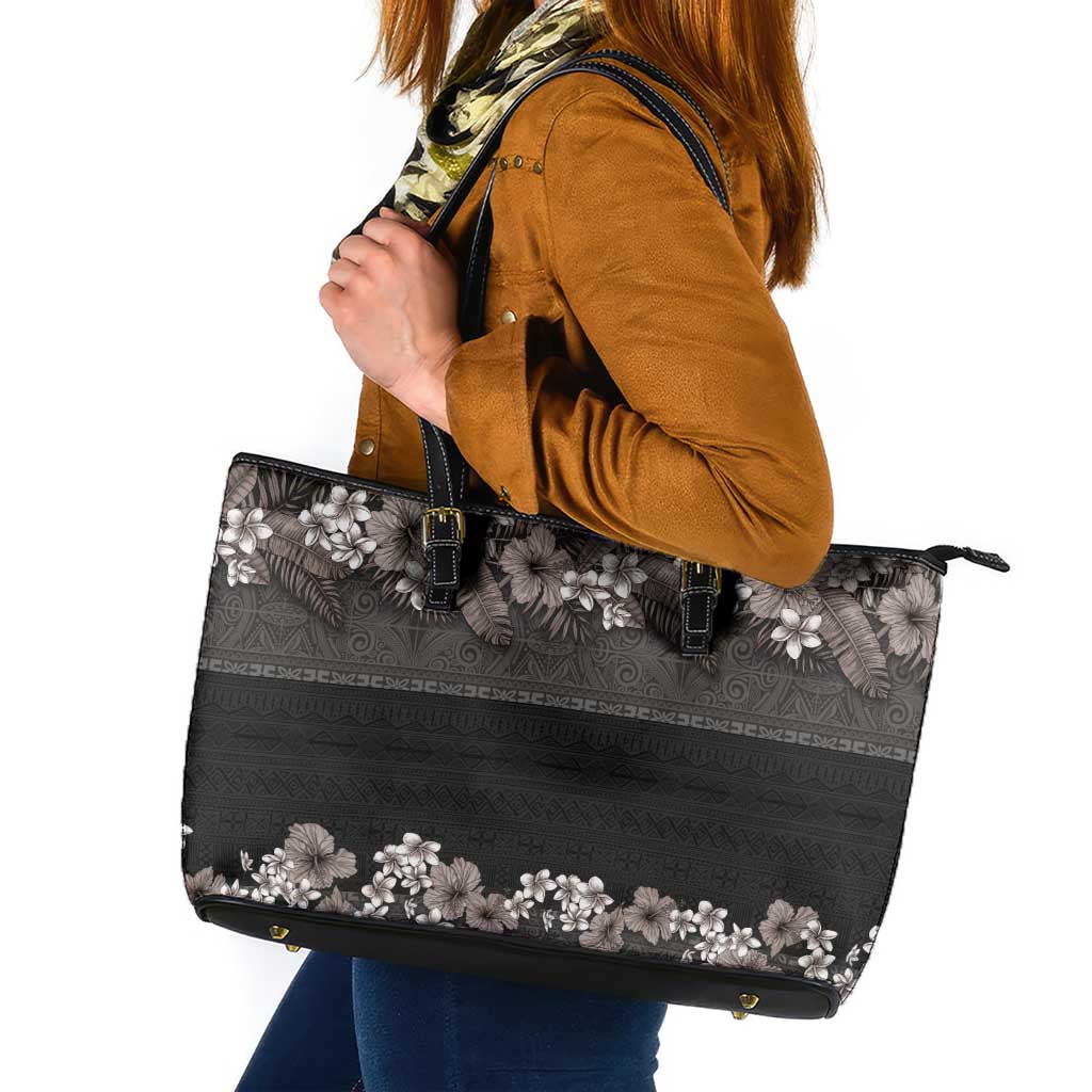 Hawaiian Tropical Flowers and Tribal Polynesian Tattoo Leather Tote Bag Grayscale Mode LT03 Black - Polynesian Pride