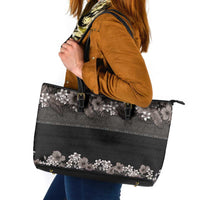 Hawaiian Tropical Flowers and Tribal Polynesian Tattoo Leather Tote Bag Grayscale Mode LT03 Black - Polynesian Pride