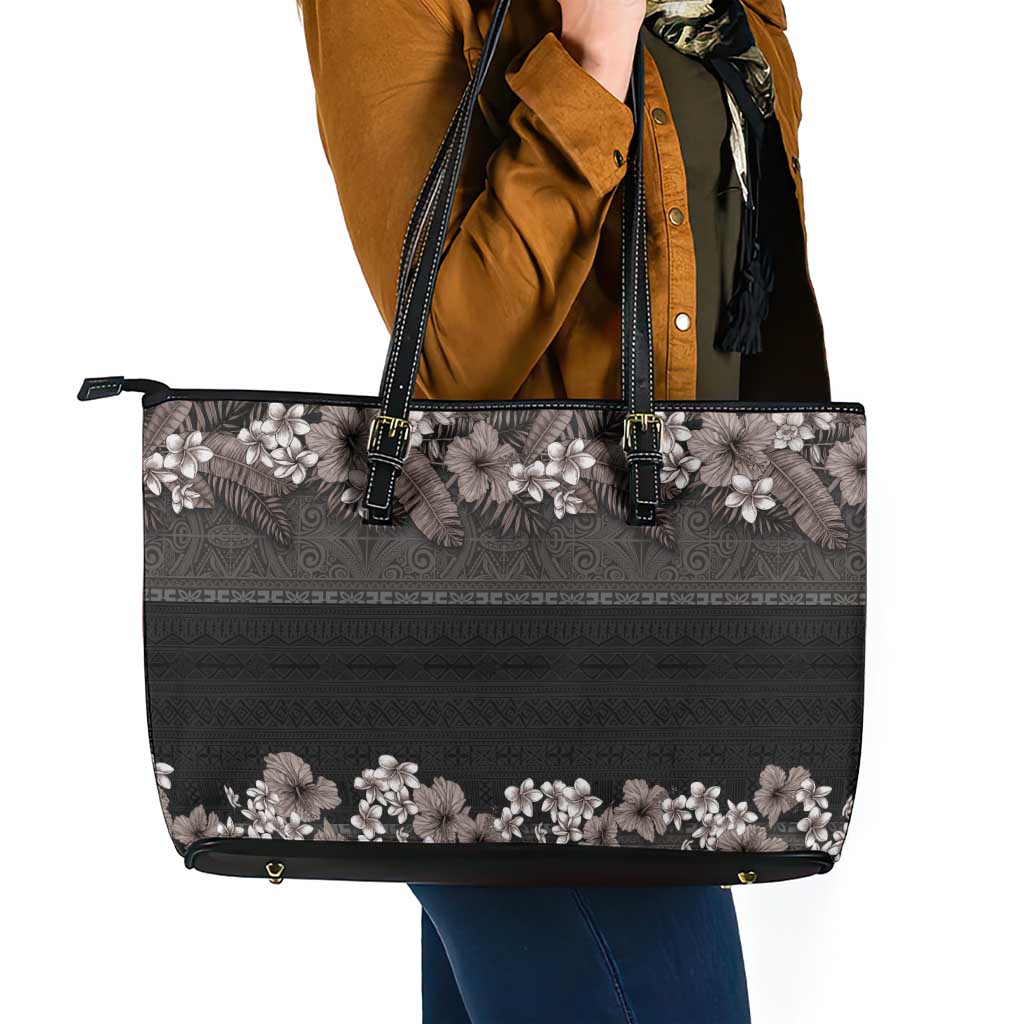 Hawaiian Tropical Flowers and Tribal Polynesian Tattoo Leather Tote Bag Grayscale Mode LT03 - Polynesian Pride