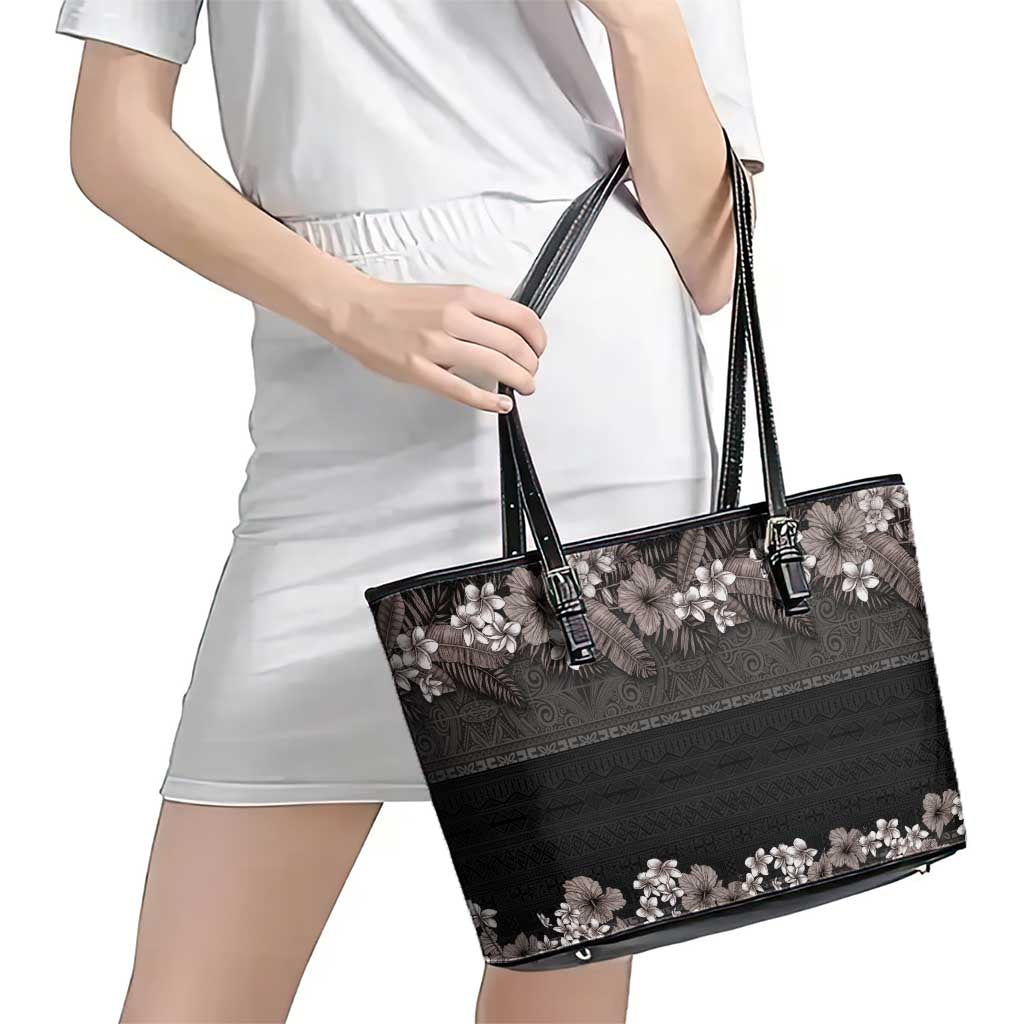 Hawaiian Tropical Flowers and Tribal Polynesian Tattoo Leather Tote Bag Grayscale Mode LT03 - Polynesian Pride