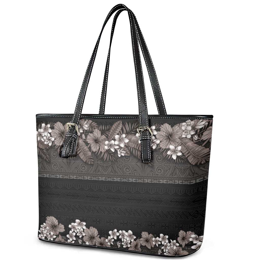 Hawaiian Tropical Flowers and Tribal Polynesian Tattoo Leather Tote Bag Grayscale Mode LT03 - Polynesian Pride