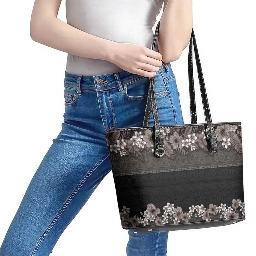 Hawaiian Tropical Flowers and Tribal Polynesian Tattoo Leather Tote Bag Grayscale Mode LT03 - Polynesian Pride