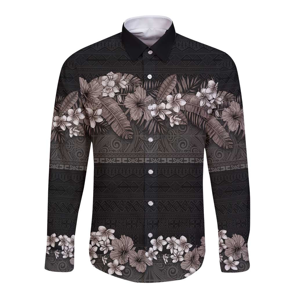 Hawaiian Tropical Flowers and Tribal Polynesian Tattoo Long Sleeve Button Shirt Grayscale Mode