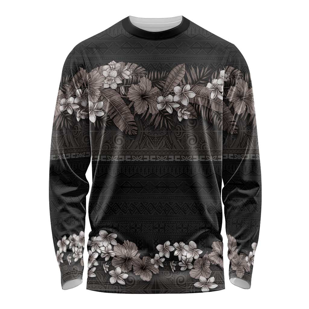 Hawaiian Tropical Flowers and Tribal Polynesian Tattoo Long Sleeve Shirt Grayscale Mode