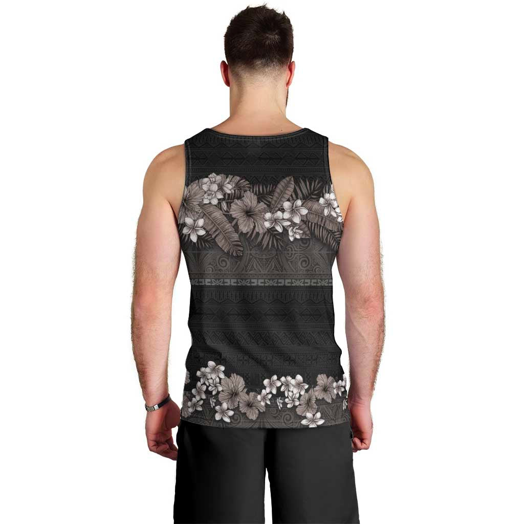 Hawaiian Tropical Flowers and Tribal Polynesian Tattoo Men Tank Top Grayscale Mode LT03 - Polynesian Pride