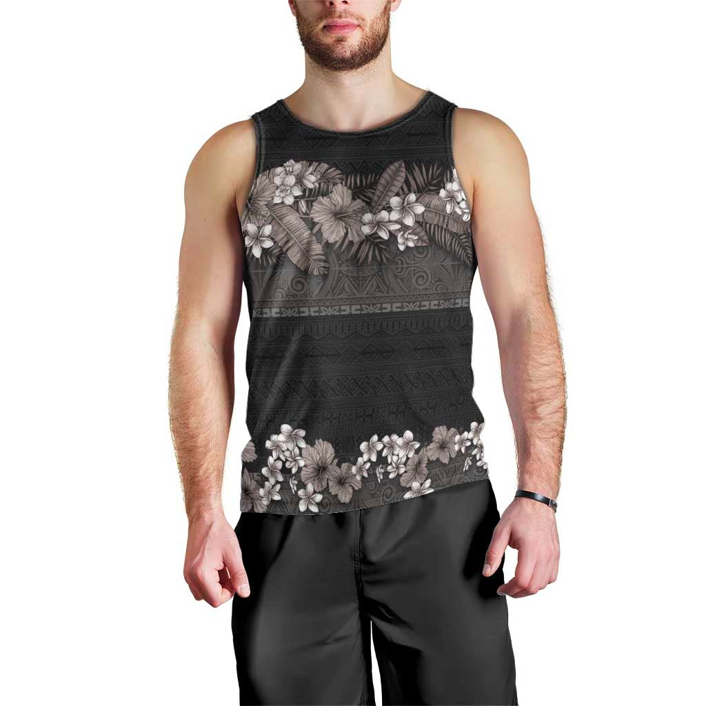 Hawaiian Tropical Flowers and Tribal Polynesian Tattoo Men Tank Top Grayscale Mode LT03 - Polynesian Pride
