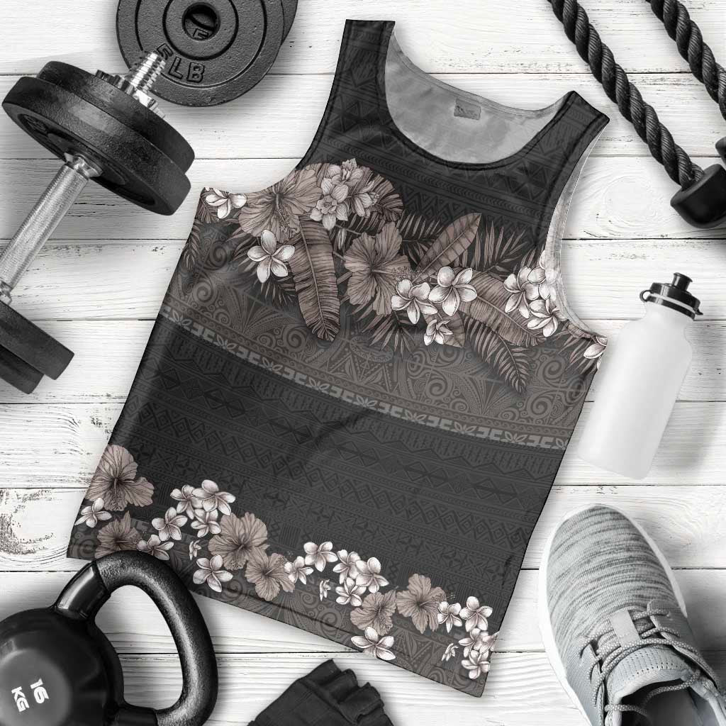 Hawaiian Tropical Flowers and Tribal Polynesian Tattoo Men Tank Top Grayscale Mode LT03 - Polynesian Pride
