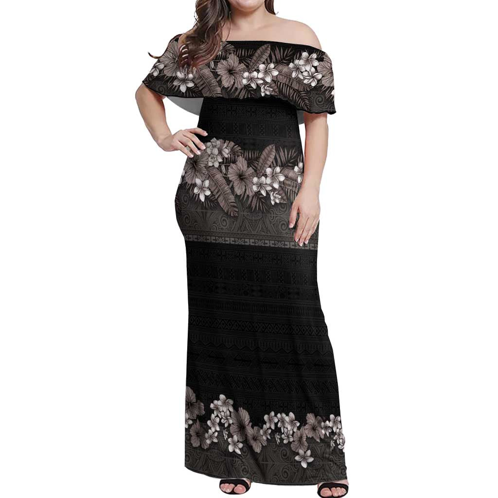 Hawaiian Tropical Flowers and Tribal Polynesian Tattoo Off Shoulder Maxi Dress Grayscale Mode LT03 Women Black - Polynesian Pride