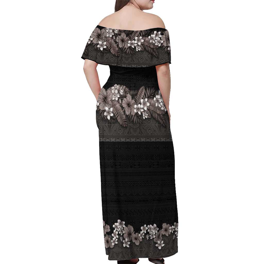 Hawaiian Tropical Flowers and Tribal Polynesian Tattoo Off Shoulder Maxi Dress Grayscale Mode LT03 - Polynesian Pride
