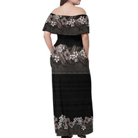 Hawaiian Tropical Flowers and Tribal Polynesian Tattoo Off Shoulder Maxi Dress Grayscale Mode LT03 - Polynesian Pride
