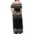 Hawaiian Tropical Flowers and Tribal Polynesian Tattoo Off Shoulder Maxi Dress Grayscale Mode