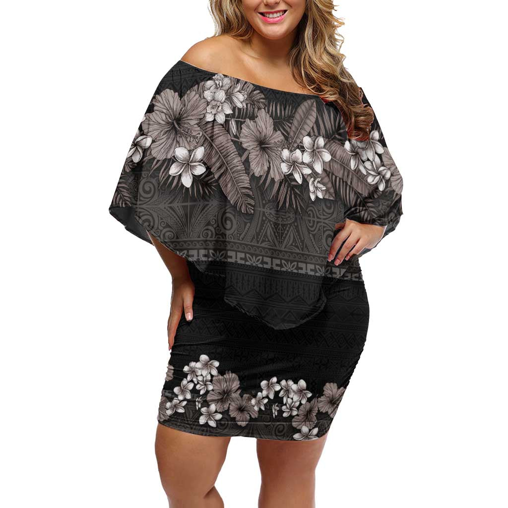Hawaiian Tropical Flowers and Tribal Polynesian Tattoo Off Shoulder Short Dress Grayscale Mode LT03 Women Black - Polynesian Pride