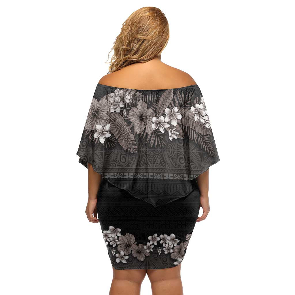 Hawaiian Tropical Flowers and Tribal Polynesian Tattoo Off Shoulder Short Dress Grayscale Mode LT03 - Polynesian Pride