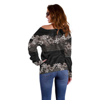 Hawaiian Tropical Flowers and Tribal Polynesian Tattoo Off Shoulder Sweater Grayscale Mode