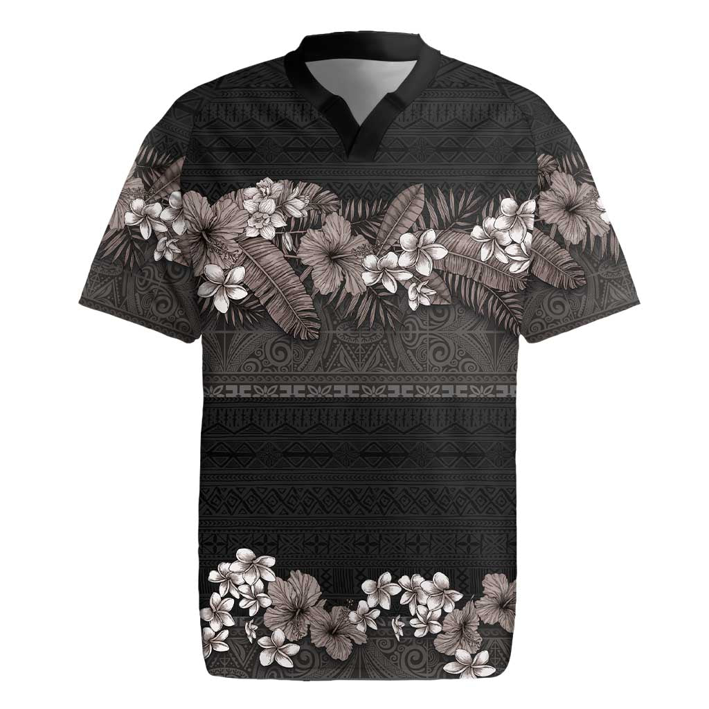 Hawaiian Tropical Flowers and Tribal Polynesian Tattoo Rugby Jersey Grayscale Mode