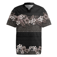 Hawaiian Tropical Flowers and Tribal Polynesian Tattoo Rugby Jersey Grayscale Mode LT03 Black - Polynesian Pride