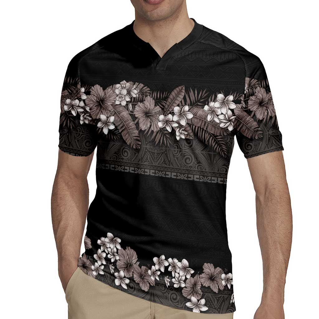 Hawaiian Tropical Flowers and Tribal Polynesian Tattoo Rugby Jersey Grayscale Mode LT03 - Polynesian Pride