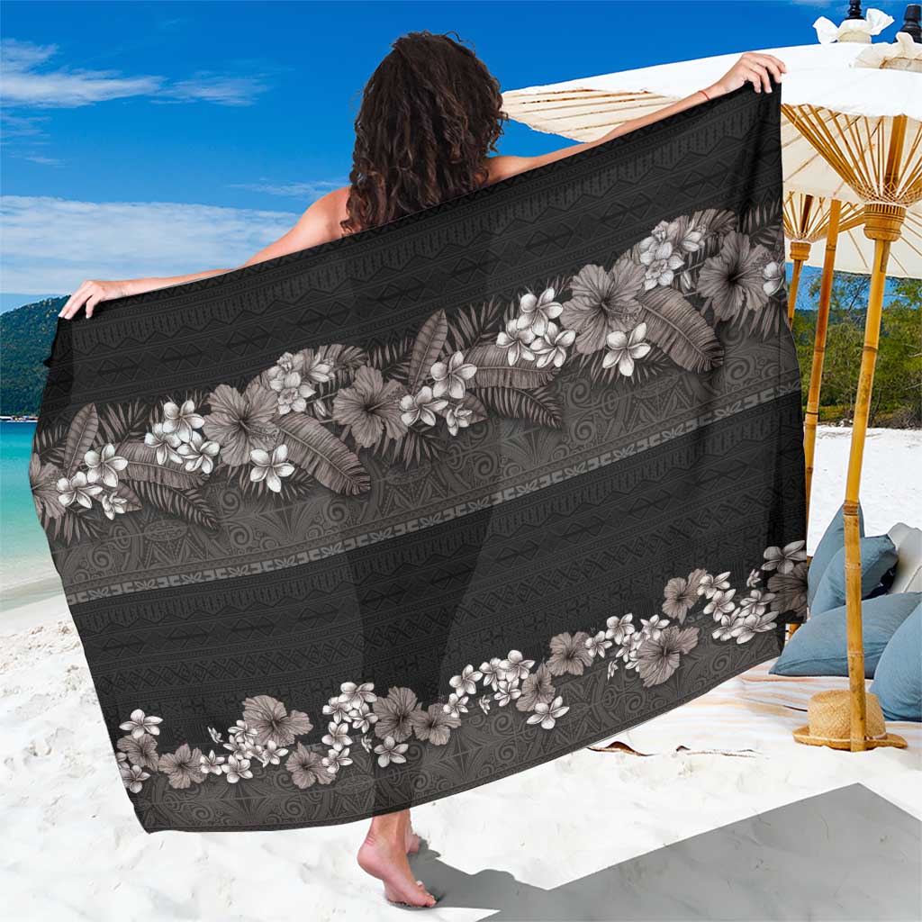 Hawaiian Tropical Flowers and Tribal Polynesian Tattoo Sarong Grayscale Mode