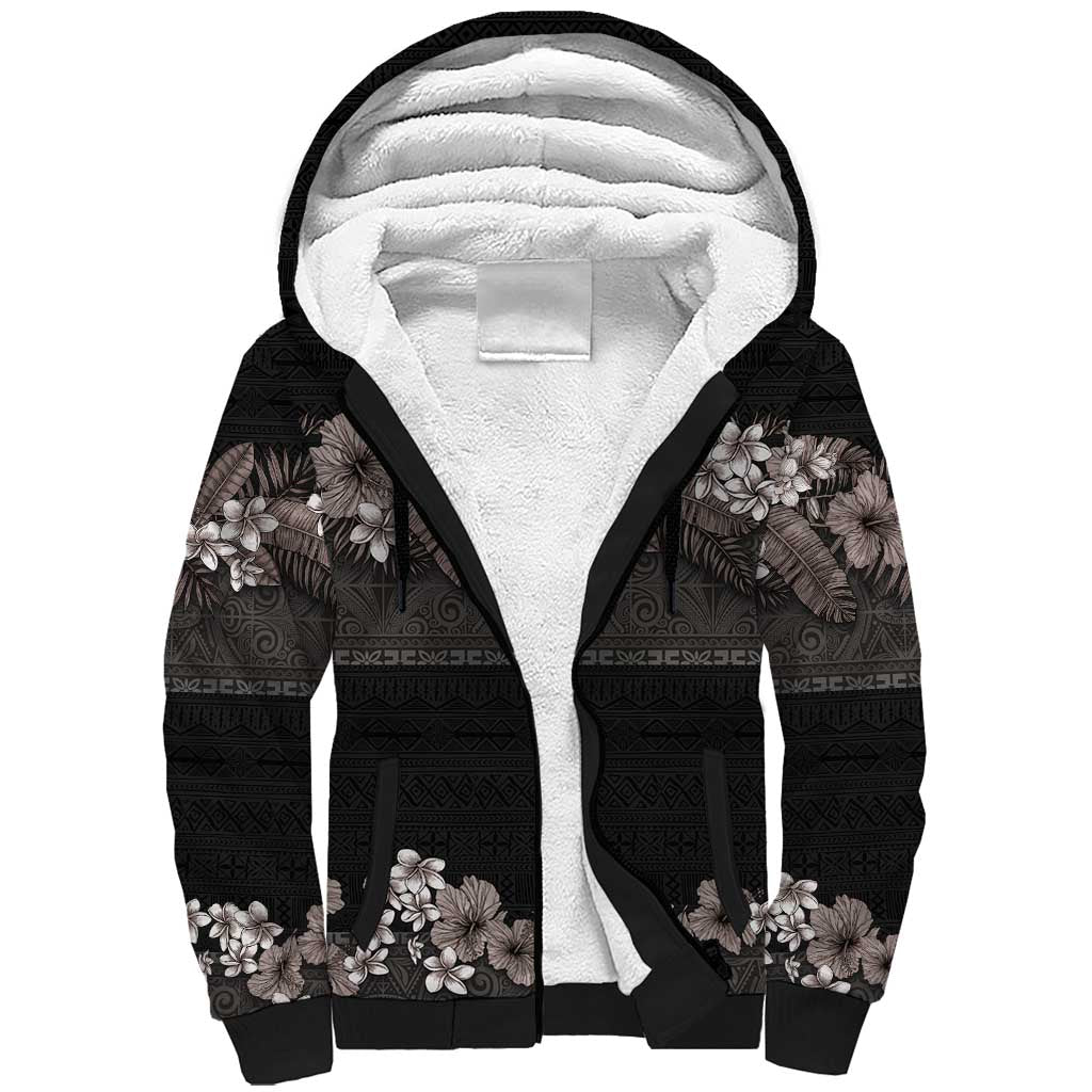 Hawaiian Tropical Flowers and Tribal Polynesian Tattoo Sherpa Hoodie Grayscale Mode