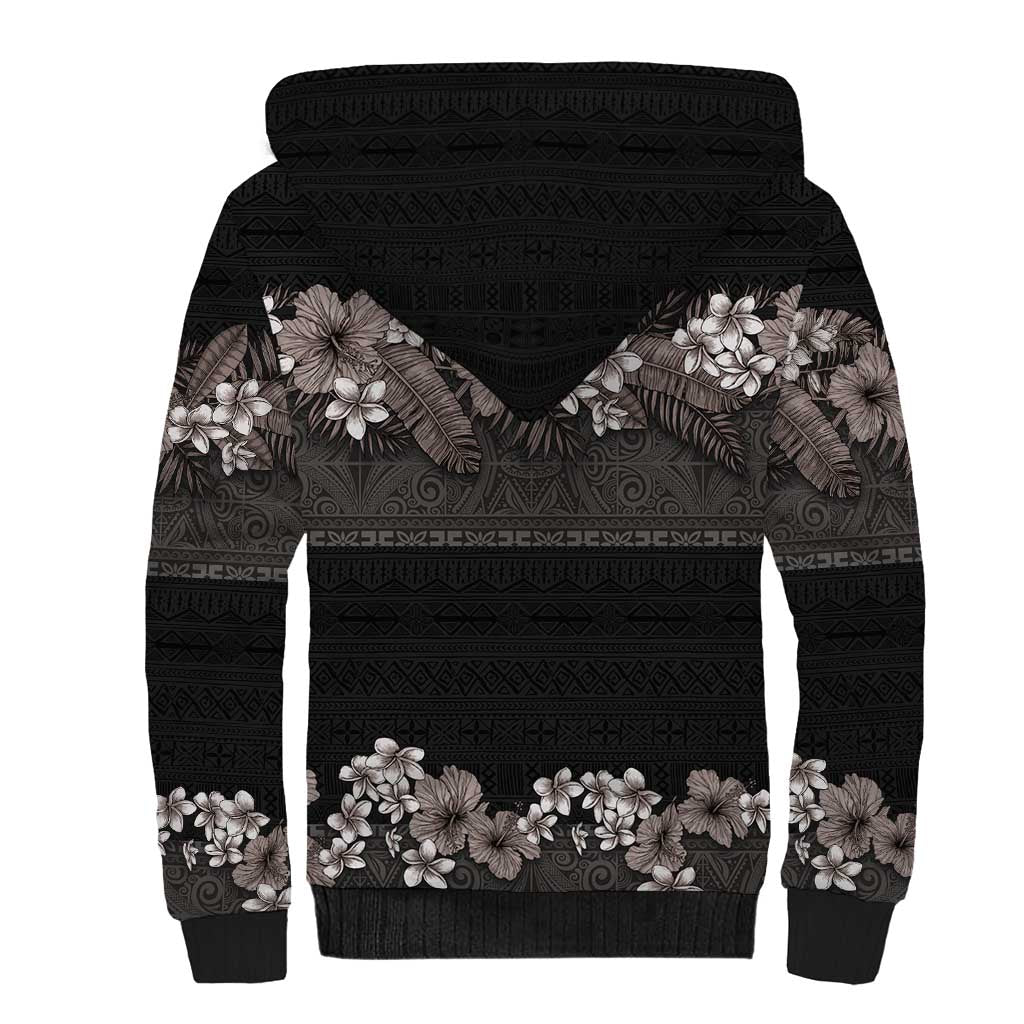 Hawaiian Tropical Flowers and Tribal Polynesian Tattoo Sherpa Hoodie Grayscale Mode LT03 - Polynesian Pride