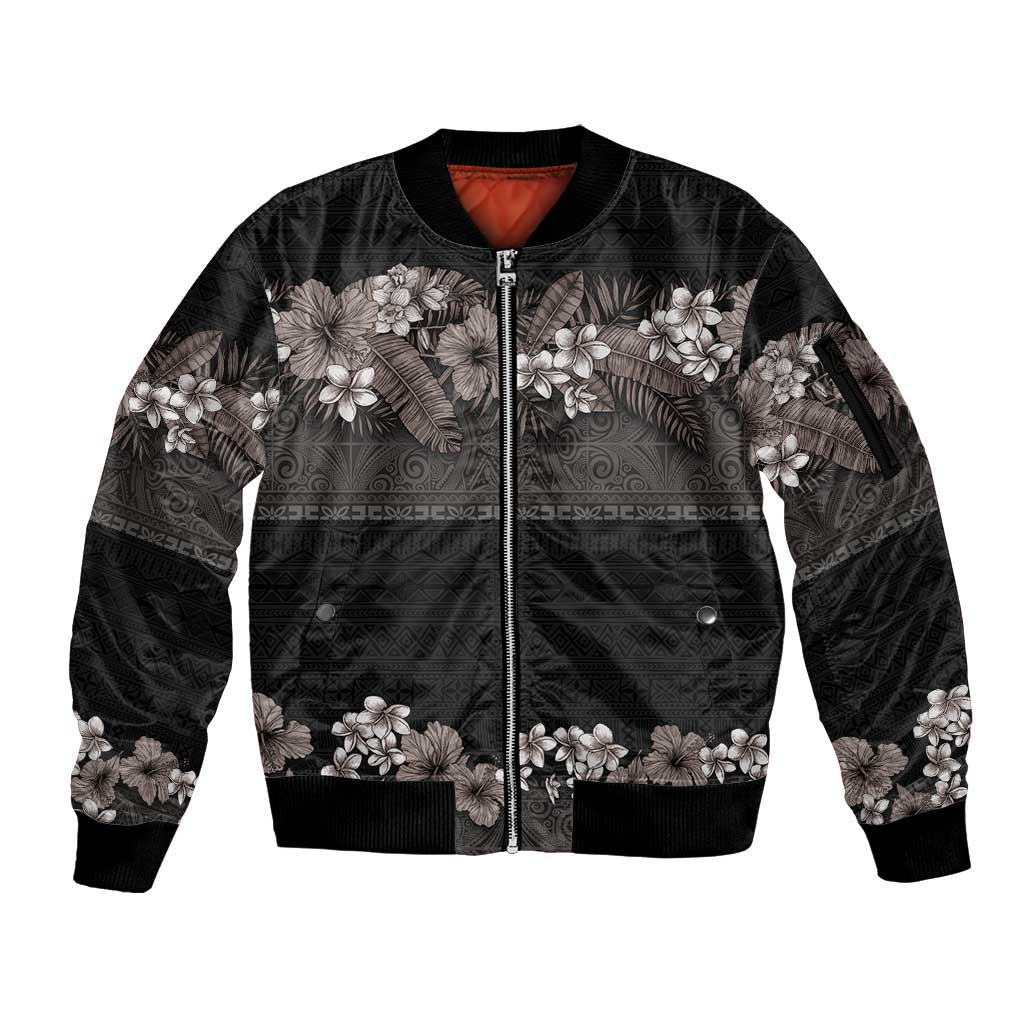 Hawaiian Tropical Flowers and Tribal Polynesian Tattoo Sleeve Zip Bomber Jacket Grayscale Mode