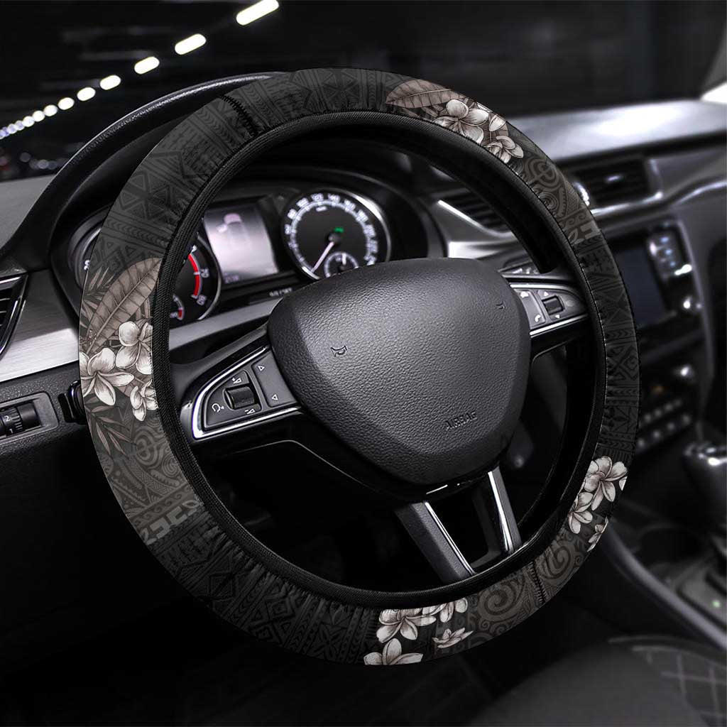 Hawaiian Tropical Flowers and Tribal Polynesian Tattoo Steering Wheel Cover Grayscale Mode