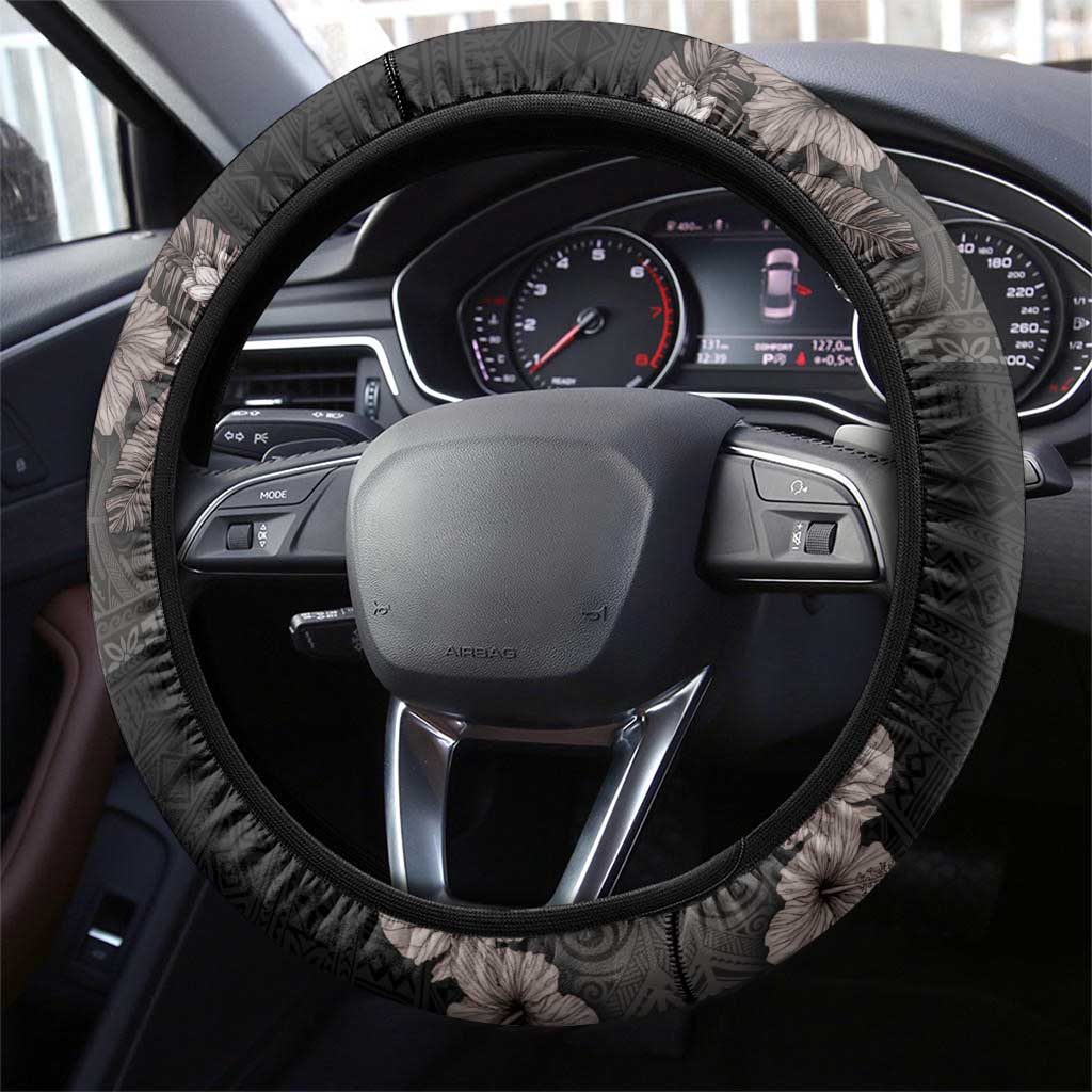 Hawaiian Tropical Flowers and Tribal Polynesian Tattoo Steering Wheel Cover Grayscale Mode LT03 - Polynesian Pride