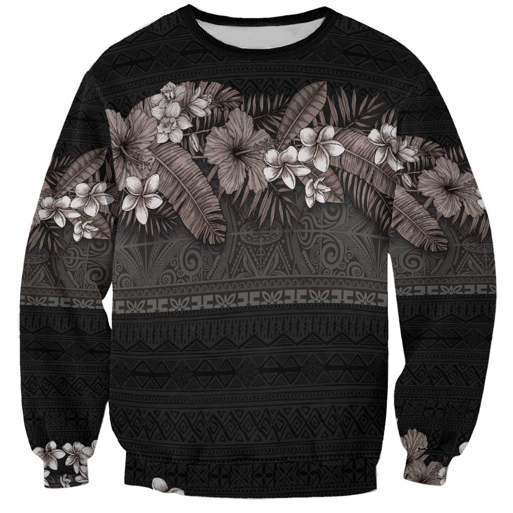 Hawaiian Tropical Flowers and Tribal Polynesian Tattoo Sweatshirt Grayscale Mode