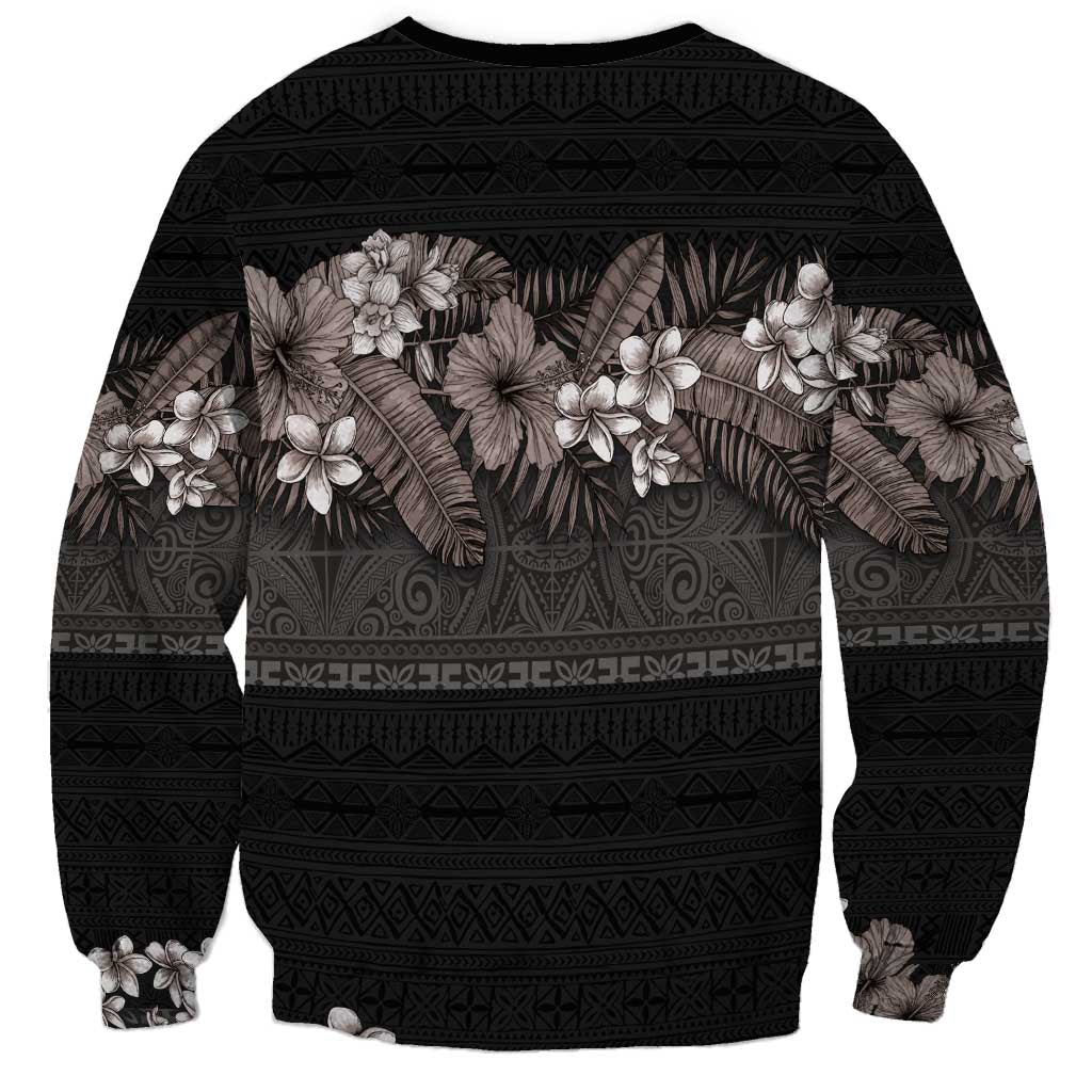 Hawaiian Tropical Flowers and Tribal Polynesian Tattoo Sweatshirt Grayscale Mode LT03 - Polynesian Pride