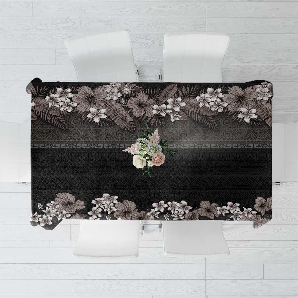 Hawaiian Tropical Flowers and Tribal Polynesian Tattoo Tablecloth Grayscale Mode LT03 Black - Polynesian Pride
