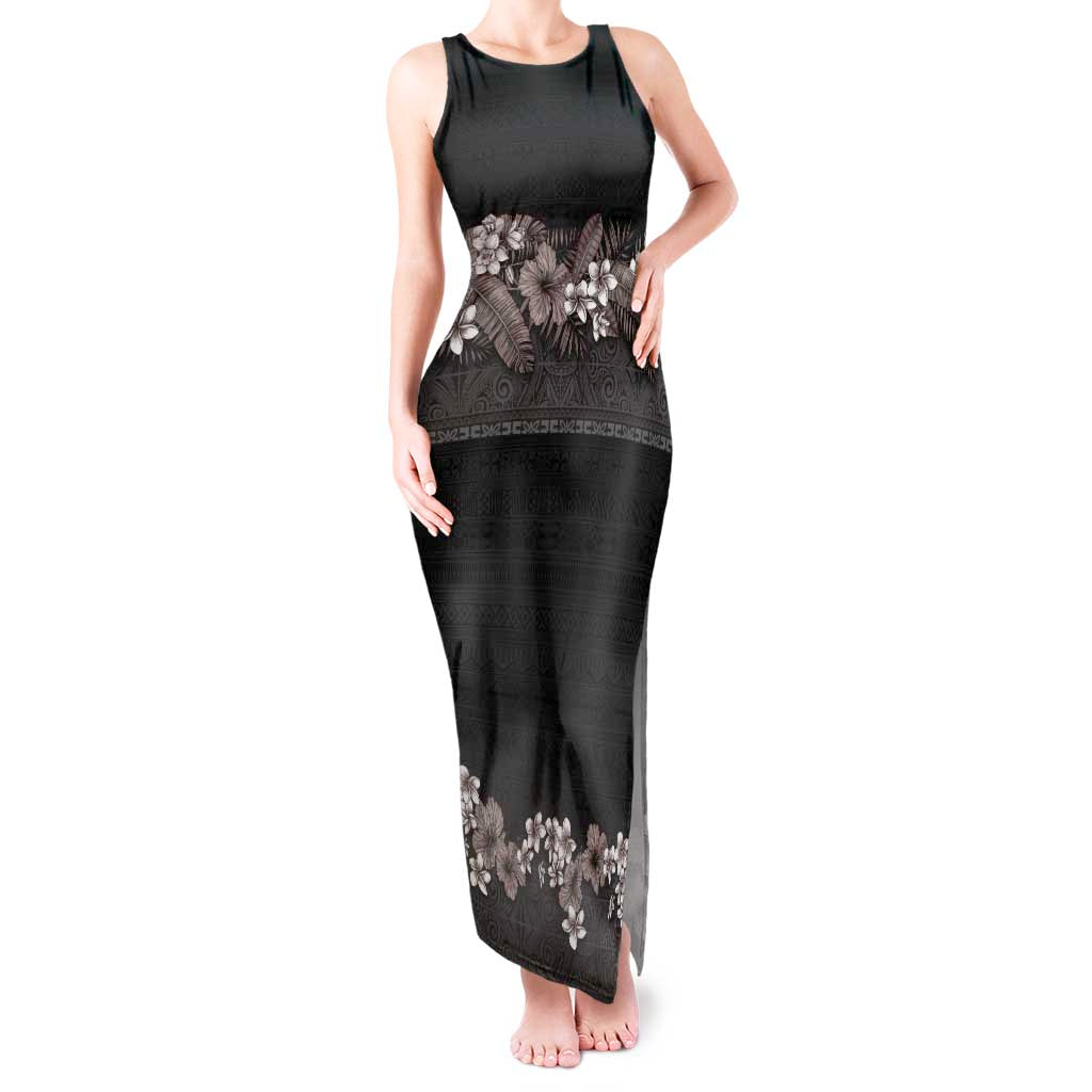 Hawaiian Tropical Flowers and Tribal Polynesian Tattoo Tank Maxi Dress Grayscale Mode