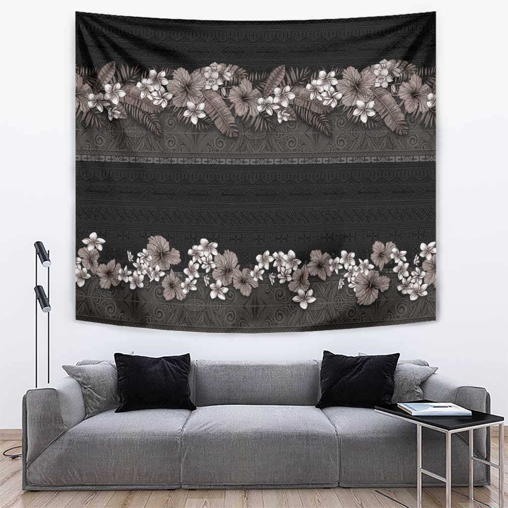 Hawaiian Tropical Flowers and Tribal Polynesian Tattoo Tapestry Grayscale Mode LT03 Black - Polynesian Pride