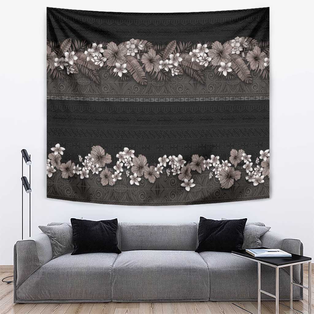 Hawaiian Tropical Flowers and Tribal Polynesian Tattoo Tapestry Grayscale Mode