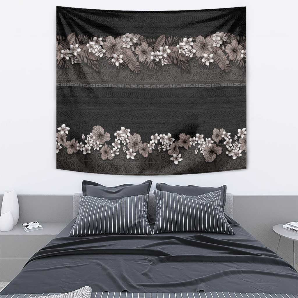 Hawaiian Tropical Flowers and Tribal Polynesian Tattoo Tapestry Grayscale Mode LT03 - Polynesian Pride